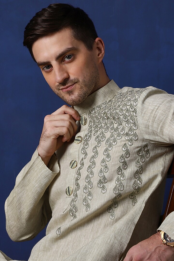 Light Mint green Pure Linen Thread Work Kurta Set by Menero at Pernia's Pop Up Shop