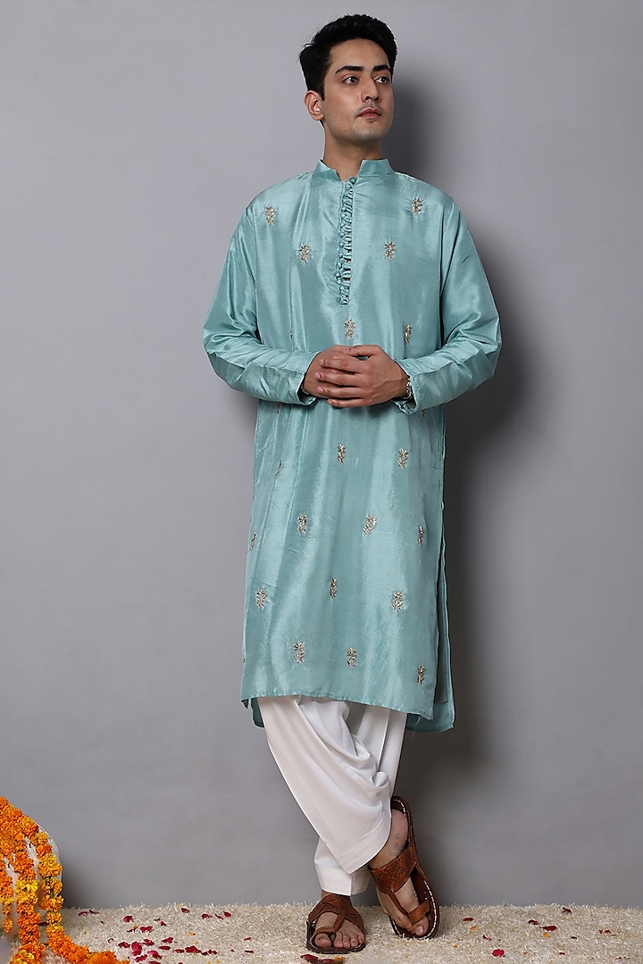 Turquoise Blue Pure Dupion Silk Dabka Work Kurta Set by Menero