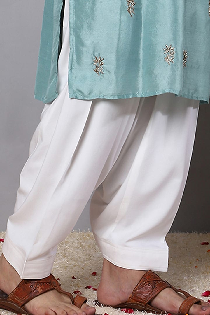 Turquoise Blue Pure Dupion Silk Dabka Work Kurta Set by Menero at Pernia's Pop Up Shop