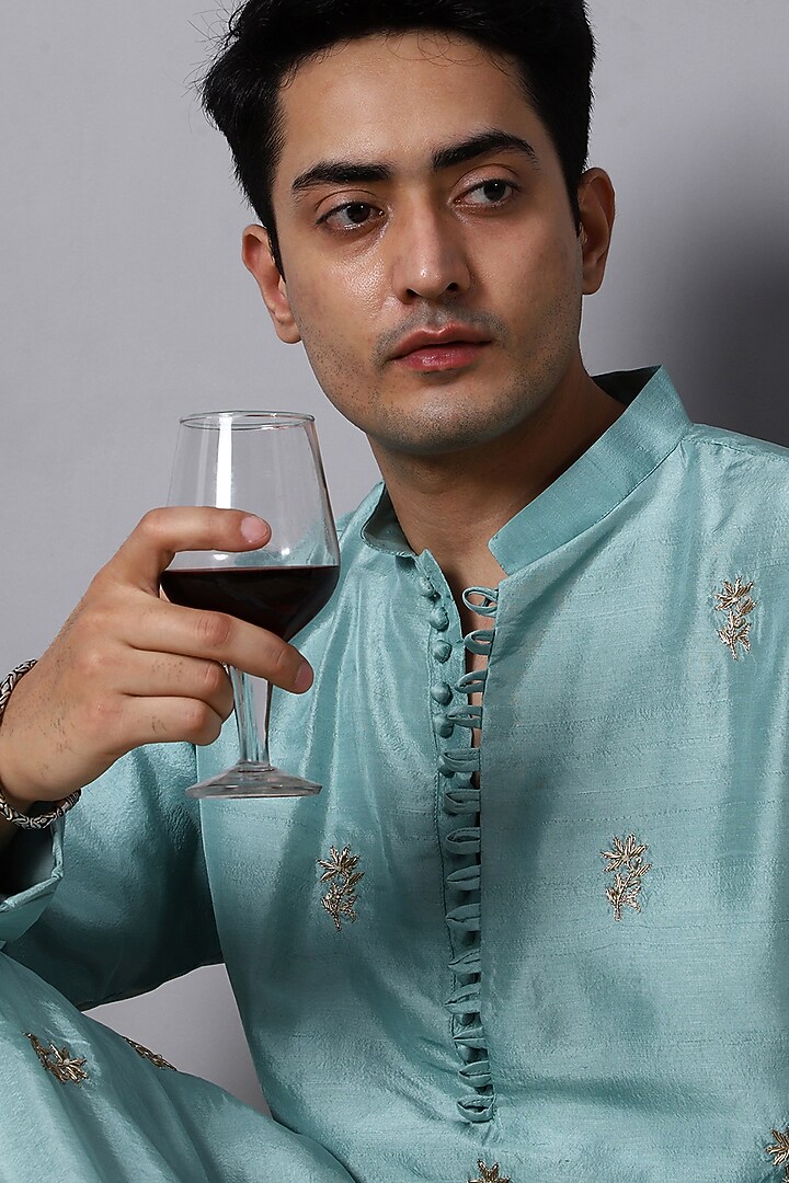 Turquoise Blue Pure Dupion Silk Dabka Work Kurta Set by Menero at Pernia's Pop Up Shop