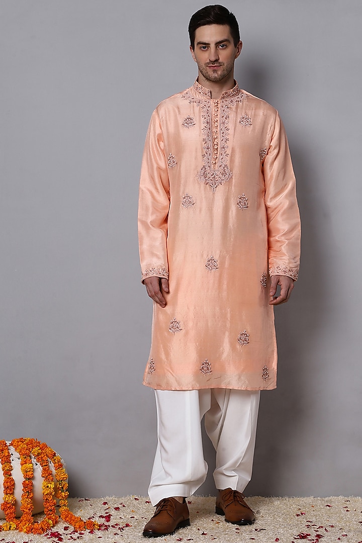 Creamy Peach Pure Dupion Silk Hand Embroidered Kurta Set by Menero