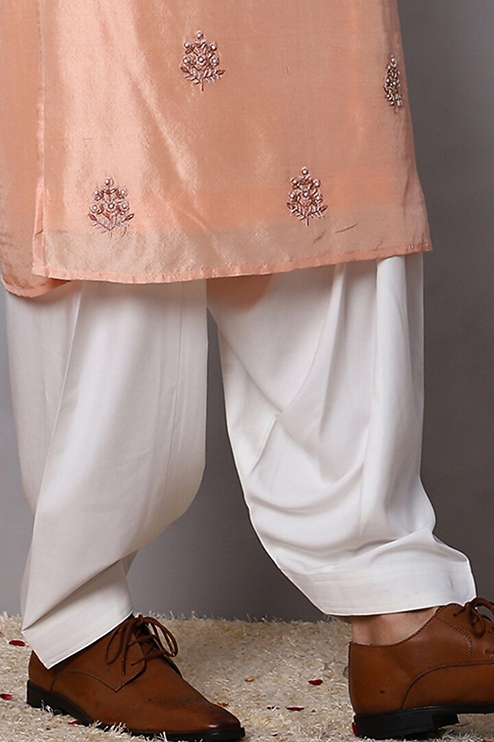 Creamy Peach Pure Dupion Silk Hand Embroidered Kurta Set by Menero at Pernia's Pop Up Shop