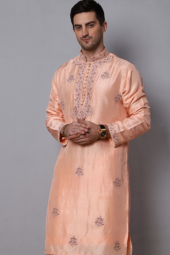 Creamy Peach Pure Dupion Silk Hand Embroidered Kurta Set by Menero at Pernia's Pop Up Shop