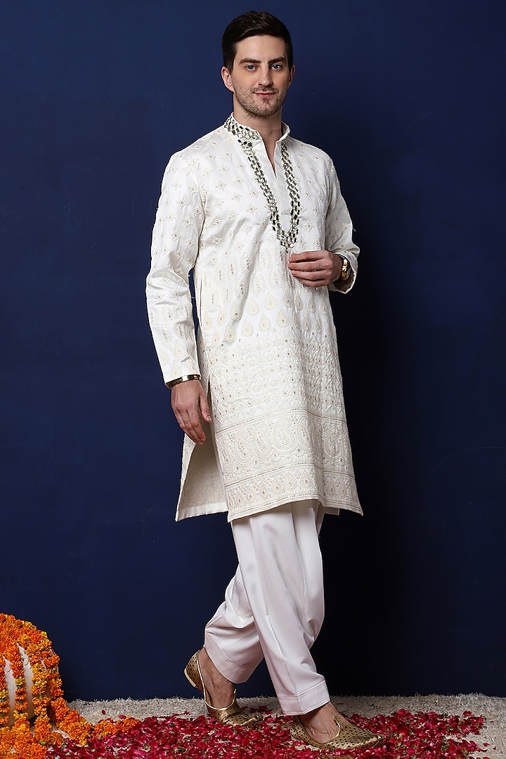 Off-White Raw Silk Mirror Embroidered Kurta Set by Menero