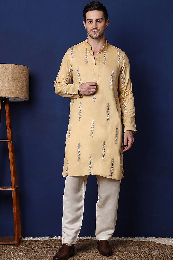 Dull Yellow Pure Cotton Floral Embroidered Kurta Set by Menero at Pernia's Pop Up Shop