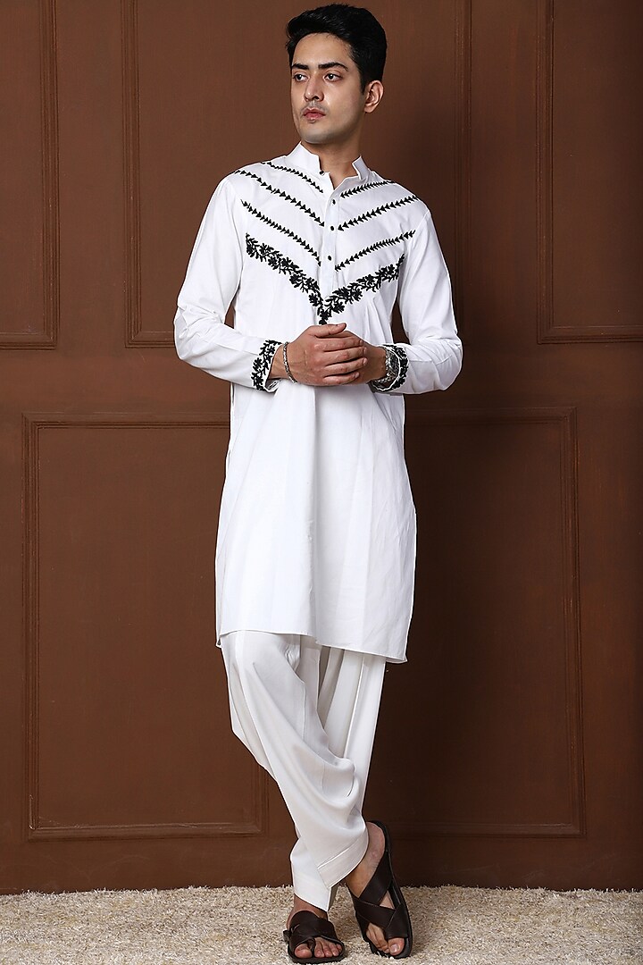 White Pure Cotton Embroidered Kurta Set by Menero