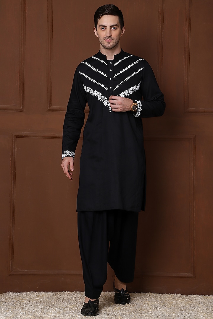 Black Pure Cotton Embroidered Kurta Set by Menero