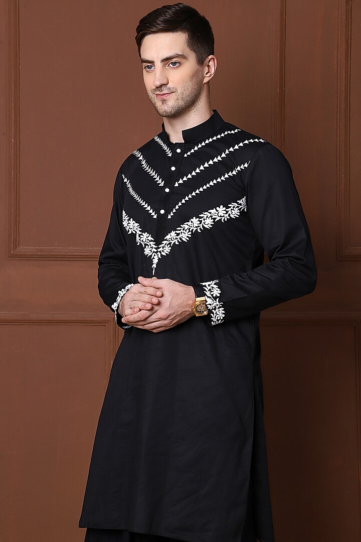 Black Pure Cotton Embroidered Kurta Set by Menero at Pernia's Pop Up Shop