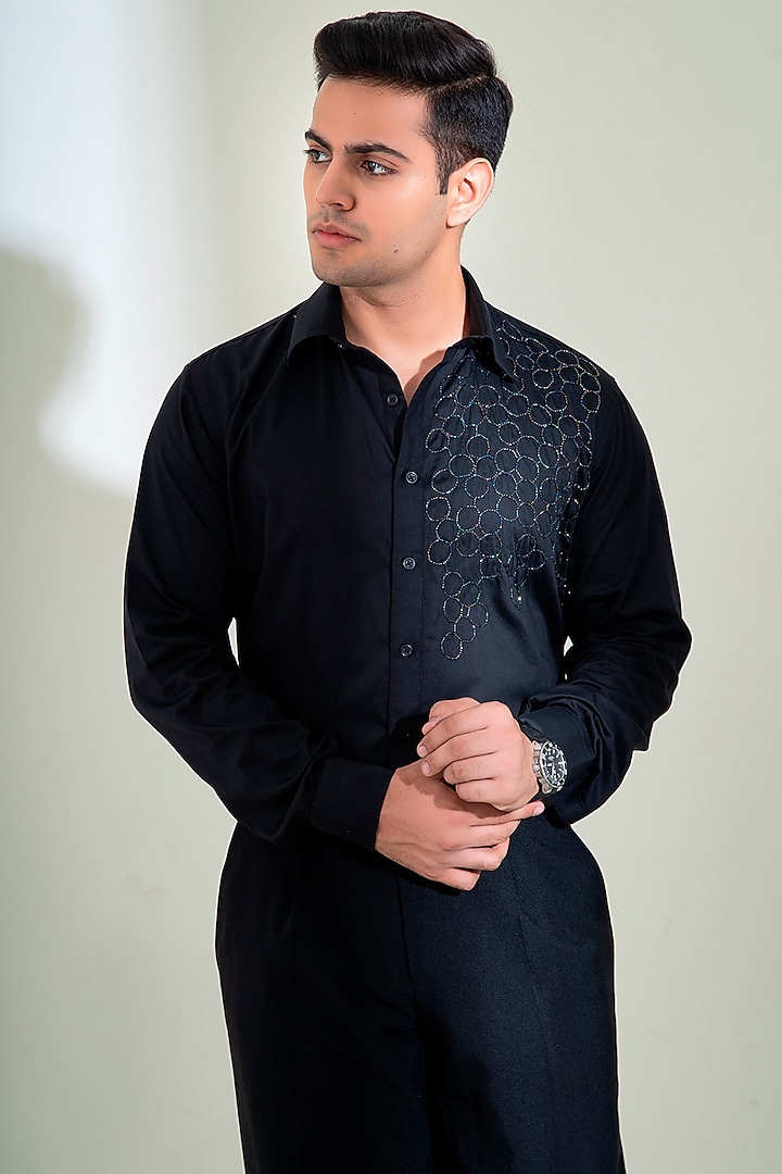 Black Pure Cotton Cutdana Embroidered Shirt by Menero