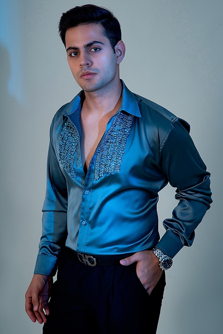 Bluish Grey Satin Shirt by Menero