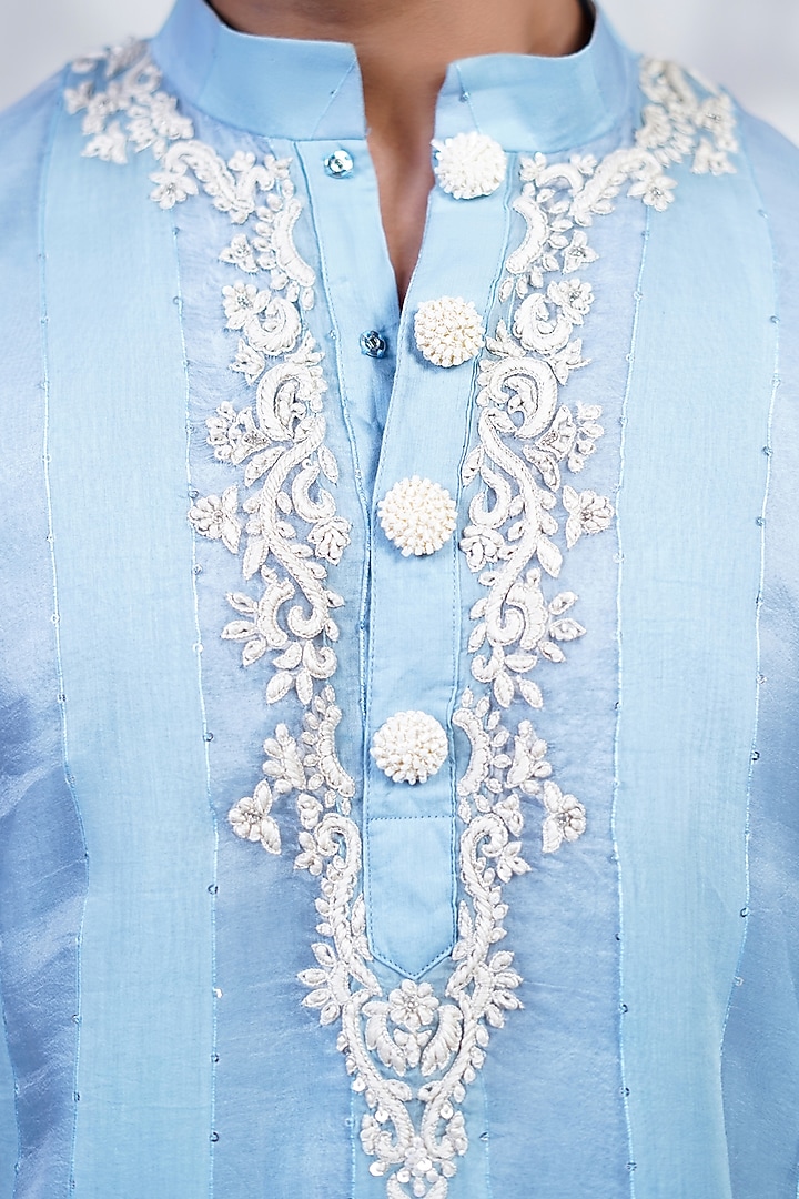 Blue Cotton Silk & Pure Cotton Thread Hand Embroidered Kurta Set by Menero at Pernia's Pop Up Shop