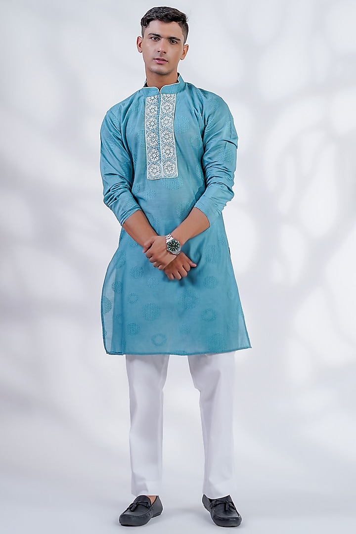 Blue Cotton Silk & Pure Cotton Thread Hand Embroidered Kurta Set by Menero at Pernia's Pop Up Shop