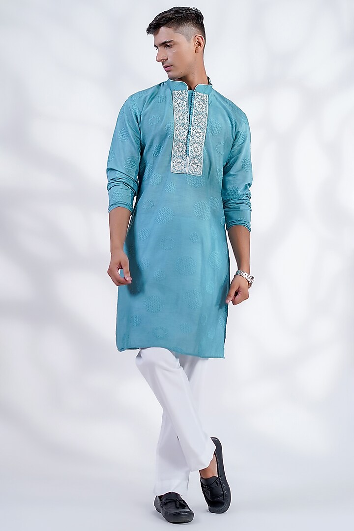 Blue Cotton Silk & Pure Cotton Thread Hand Embroidered Kurta Set by Menero at Pernia's Pop Up Shop