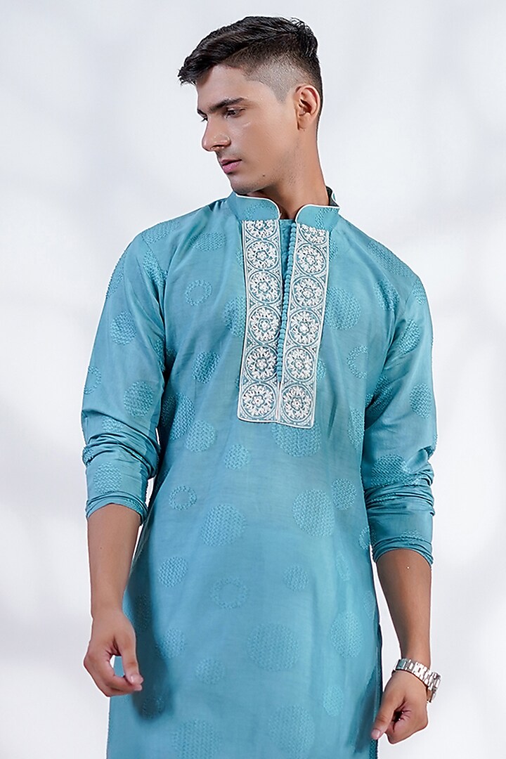 Blue Cotton Silk & Pure Cotton Thread Hand Embroidered Kurta Set by Menero at Pernia's Pop Up Shop