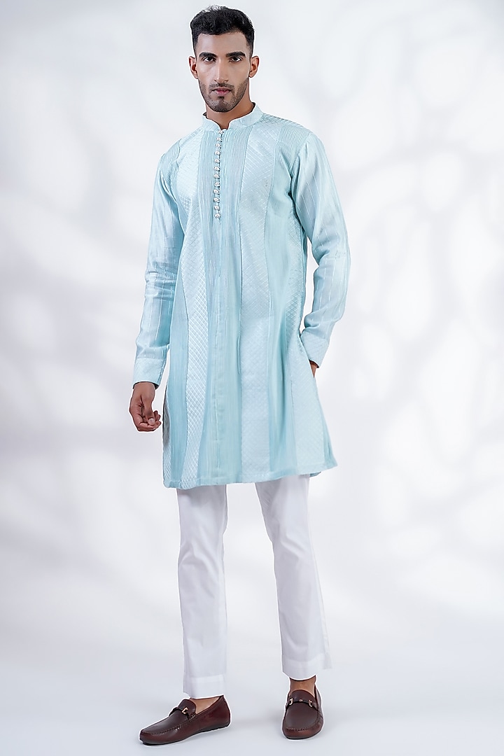 Light Blue Cotton Silk & Pure Cotton Thread Machine Embroidered Kurta Set by Menero