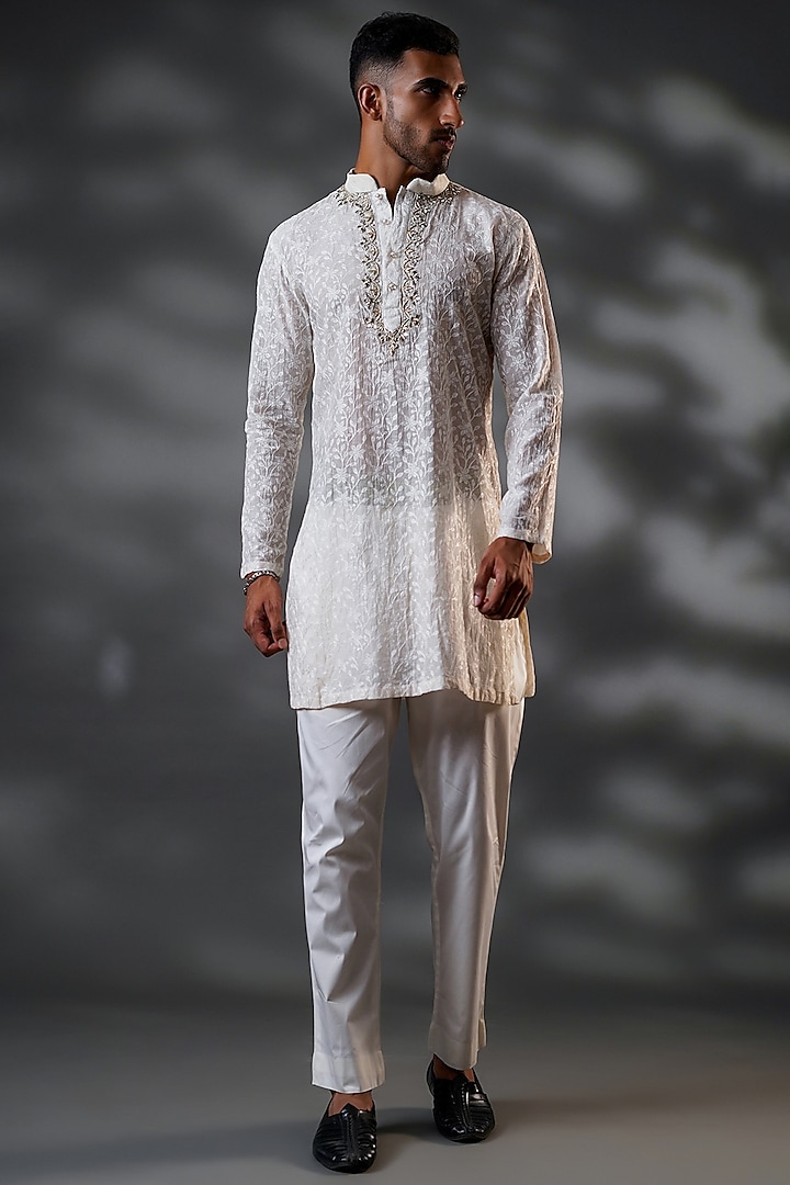 Ivory Cotton Silk & Pure Cotton Thread Hand Embroidered Kurta Set by Menero at Pernia's Pop Up Shop