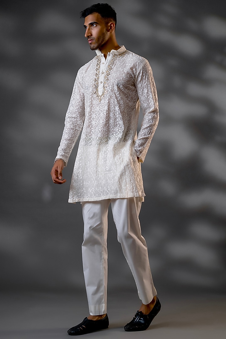 Ivory Cotton Silk & Pure Cotton Thread Hand Embroidered Kurta Set by Menero at Pernia's Pop Up Shop