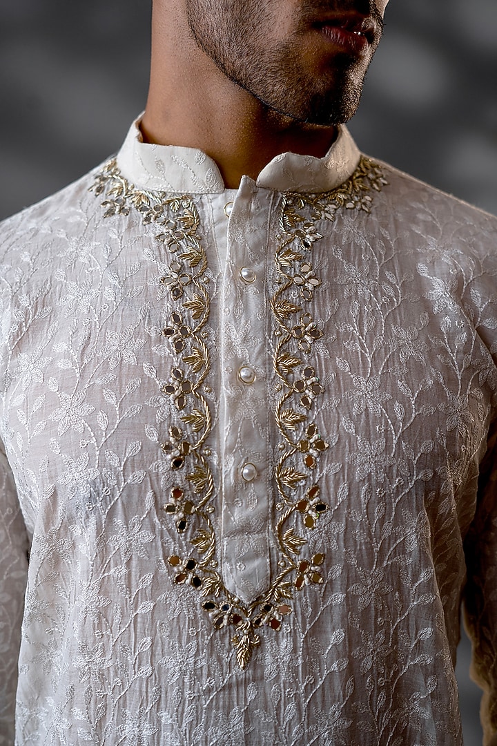 Ivory Cotton Silk & Pure Cotton Thread Hand Embroidered Kurta Set by Menero at Pernia's Pop Up Shop