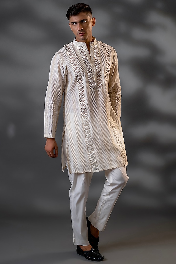 Ivory Cotton Silk & Organza Machine Embroidered Kurta Set by Menero