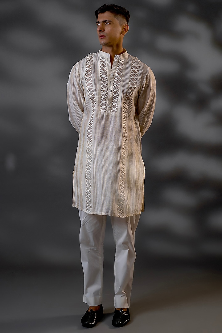 Ivory Cotton Silk & Organza Machine Embroidered Kurta Set by Menero at Pernia's Pop Up Shop
