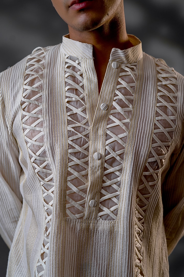Ivory Cotton Silk & Organza Machine Embroidered Kurta Set by Menero at Pernia's Pop Up Shop