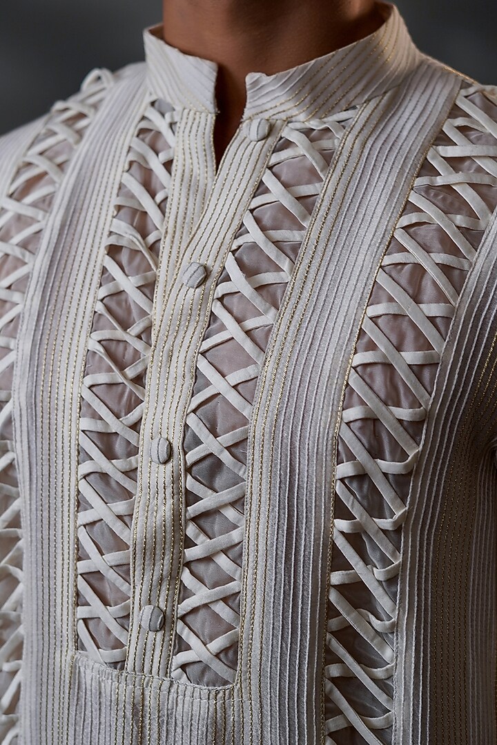 Ivory Cotton Silk & Organza Machine Embroidered Kurta Set by Menero at Pernia's Pop Up Shop