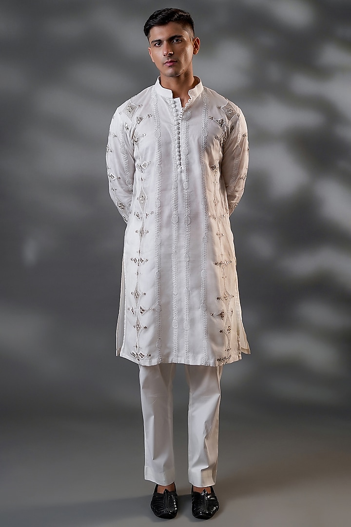 White Pure Organza & Pure Cotton Machine Embroidered Straight Kurta Set by Menero