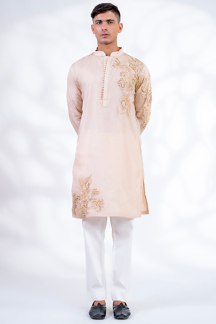 White Pure Organza & Pure Cotton Machine Embroidered Straight Kurta Set by Menero