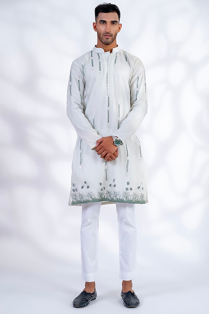 Light Green Pure Organza & Pure Cotton Machine Embroidered Straight Kurta Set by Menero at Pernia's Pop Up Shop