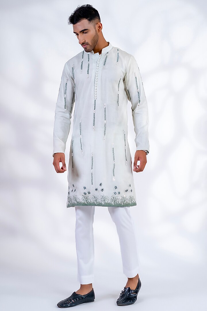 Light Green Pure Organza & Pure Cotton Machine Embroidered Straight Kurta Set by Menero at Pernia's Pop Up Shop