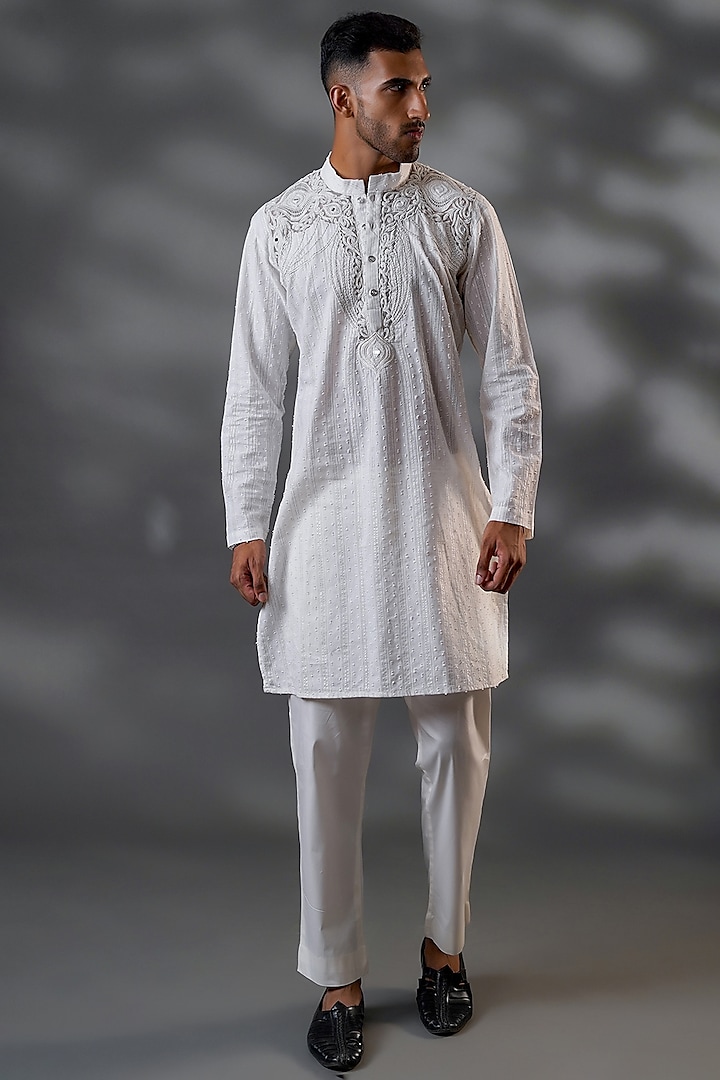 White Cotton & Net Machine Embroidered Straight Kurta Set by Menero