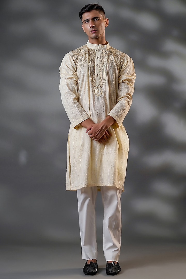 Light Cream Cotton & Net Machine Embroidered Straight Kurta Set by Menero at Pernia's Pop Up Shop