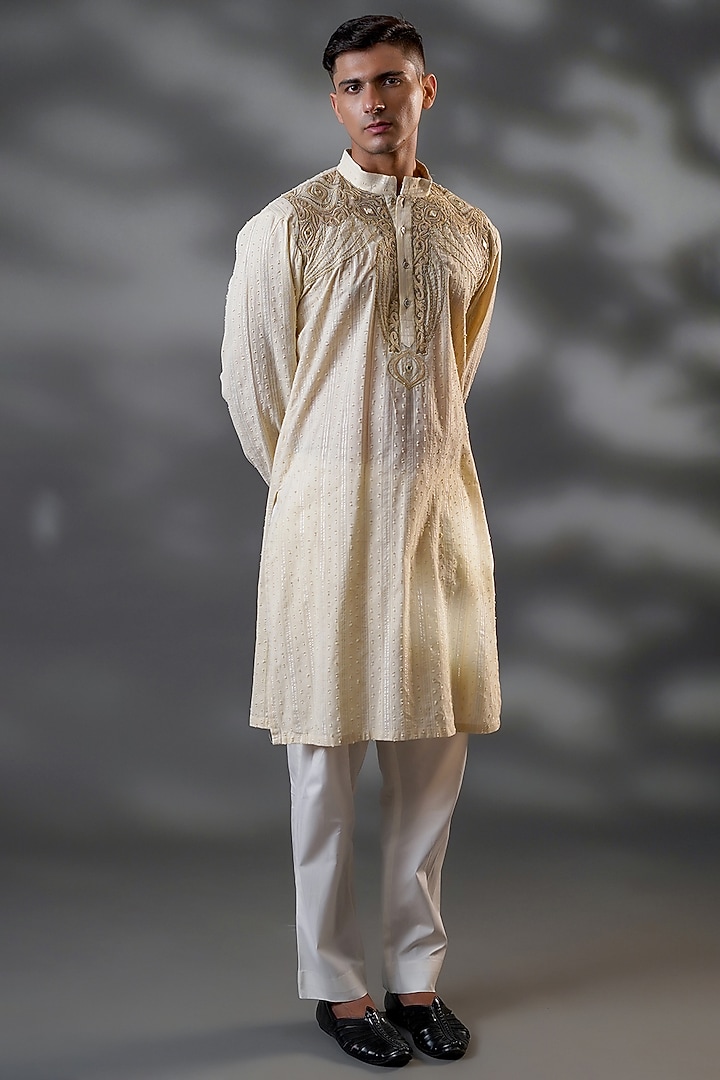 Light Cream Cotton & Net Machine Embroidered Straight Kurta Set by Menero at Pernia's Pop Up Shop