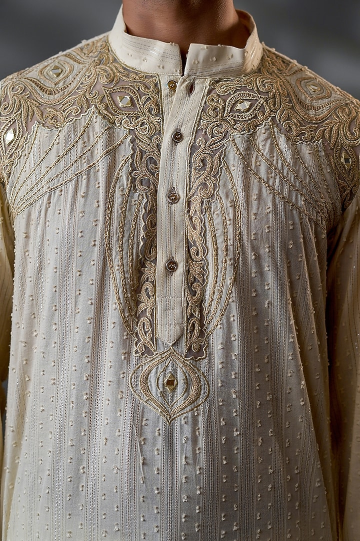 Light Cream Cotton & Net Machine Embroidered Straight Kurta Set by Menero at Pernia's Pop Up Shop
