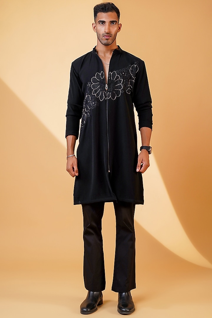 Black Pure Crepe Lycra & Cotton Dabka Machine Embroidered Straight Kurta Set by Menero at Pernia's Pop Up Shop