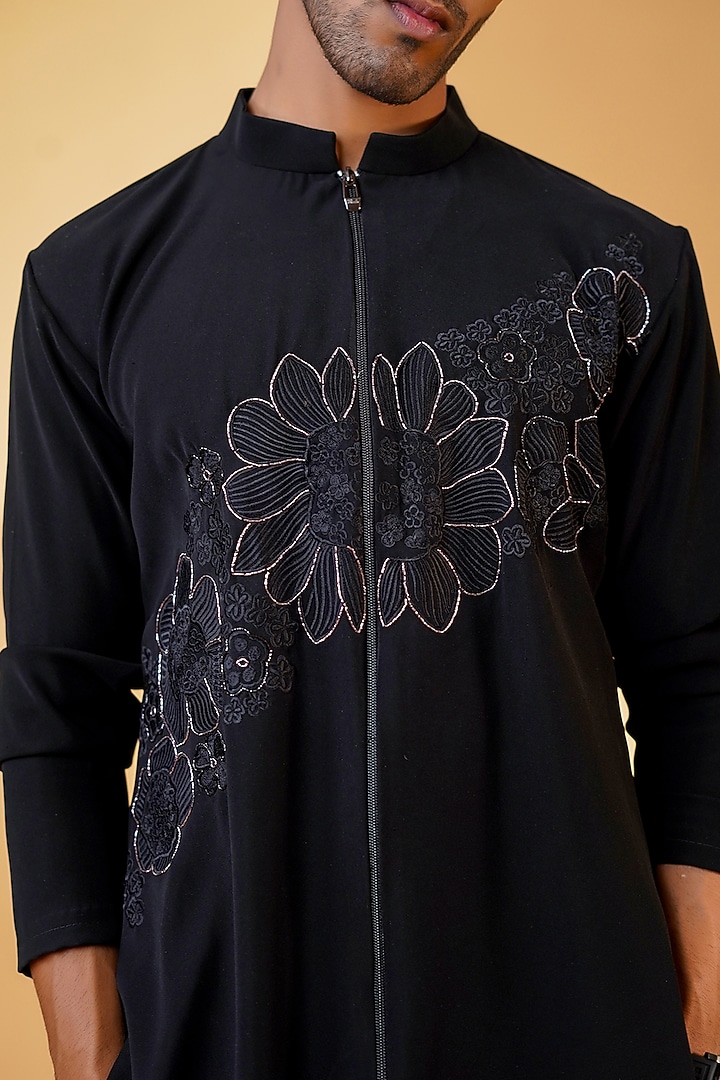 Black Pure Crepe Lycra & Cotton Dabka Machine Embroidered Straight Kurta Set by Menero at Pernia's Pop Up Shop