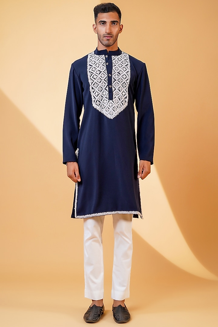 Dark Blue Pure Crepe Lycra Mirror Machine Embroidered Straight Kurta Set by Menero