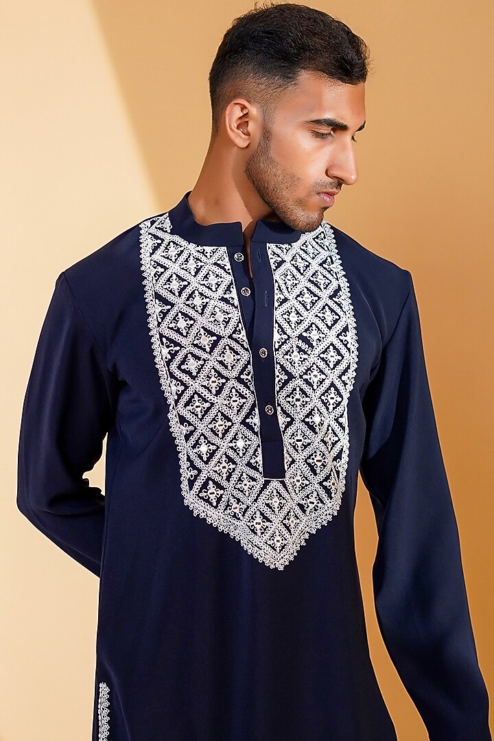 Dark Blue Pure Crepe Lycra Mirror Machine Embroidered Straight Kurta Set by Menero at Pernia's Pop Up Shop
