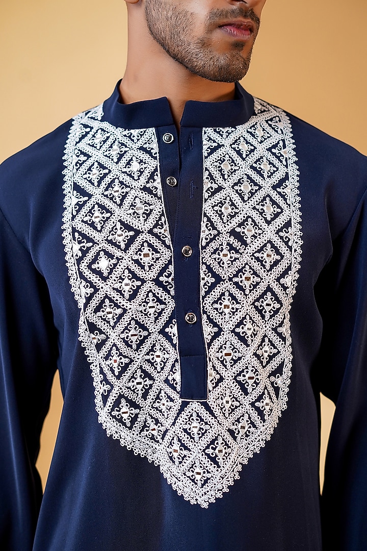 Dark Blue Pure Crepe Lycra Mirror Machine Embroidered Straight Kurta Set by Menero at Pernia's Pop Up Shop