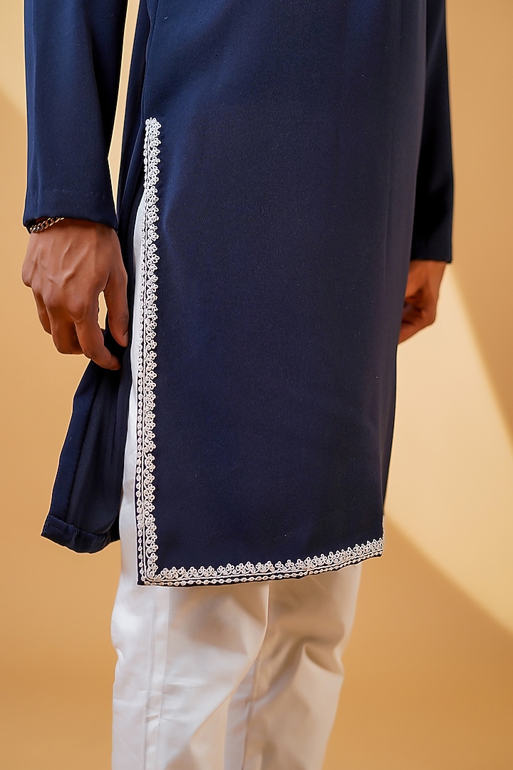 Dark Blue Pure Crepe Lycra Mirror Machine Embroidered Straight Kurta Set by Menero at Pernia's Pop Up Shop