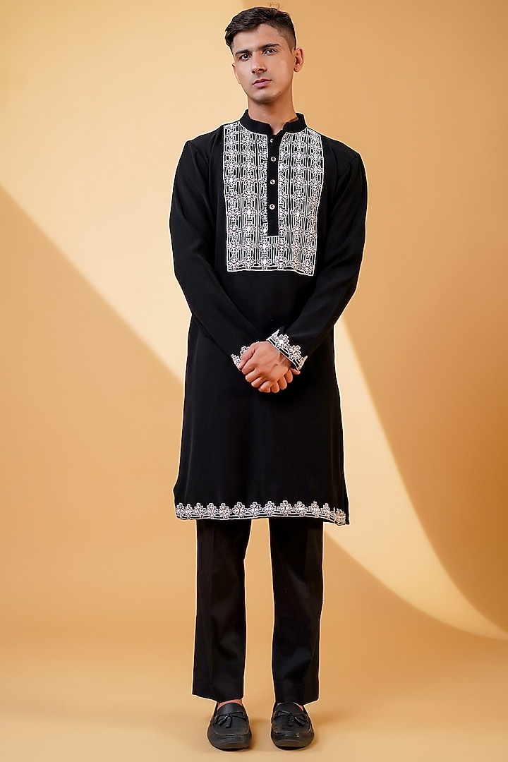 Black Pure Crepe Lycra Mirror Machine Embroidered Straight Kurta Set by Menero at Pernia's Pop Up Shop