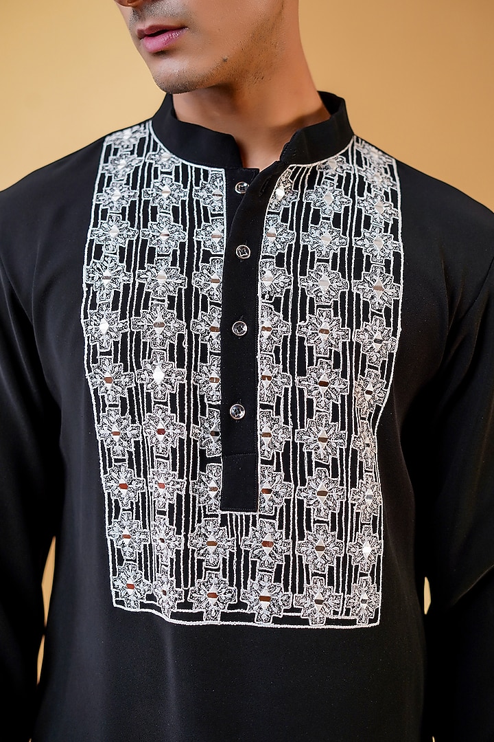 Black Pure Crepe Lycra Mirror Machine Embroidered Straight Kurta Set by Menero at Pernia's Pop Up Shop