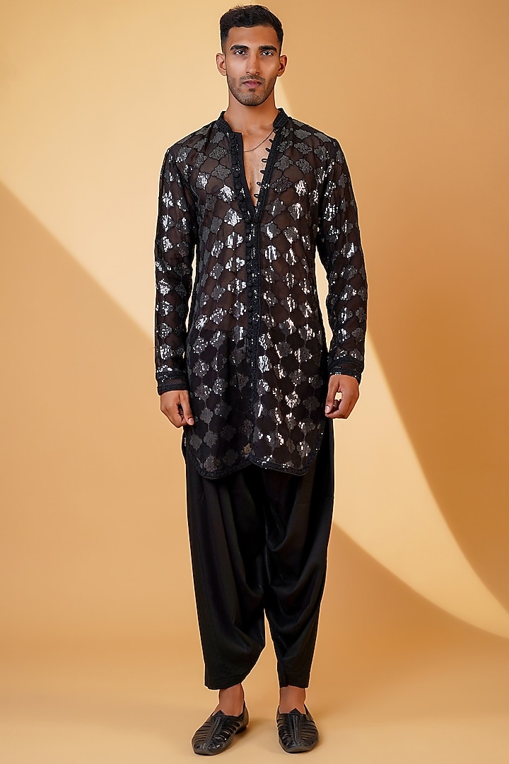 Black Georgette & Cotton Rayon Sequins Kurta Set by Menero at Pernia's Pop Up Shop