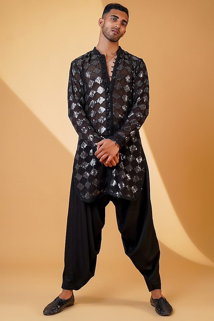 Black Georgette & Cotton Rayon Sequins Kurta Set by Menero at Pernia's Pop Up Shop