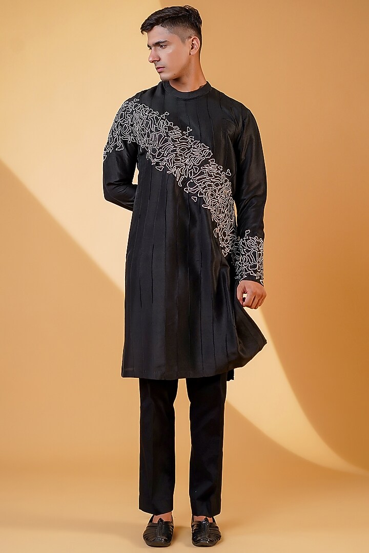 Black Pure Dupion Silk Resham Machine & Hand Embroidered Kurta Set by Menero at Pernia's Pop Up Shop