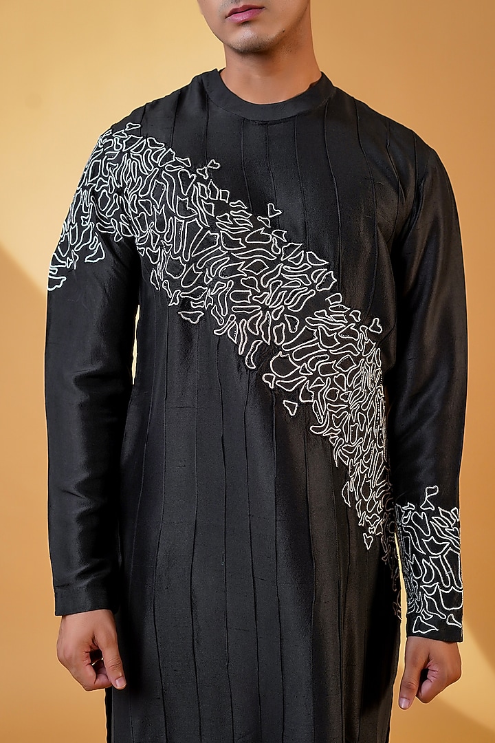 Black Pure Dupion Silk Resham Machine & Hand Embroidered Kurta Set by Menero at Pernia's Pop Up Shop