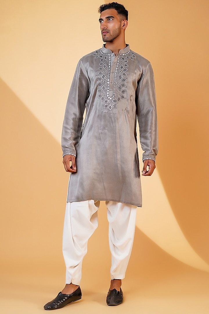 Metallic Grey Pure Dupion Silk & Cotton Rayon Machine Embroidered Kurta Set by Menero