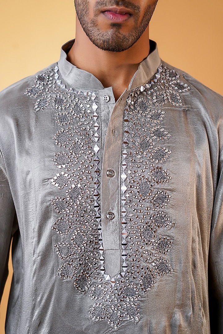 Metallic Grey Pure Dupion Silk & Cotton Rayon Machine Embroidered Kurta Set by Menero at Pernia's Pop Up Shop