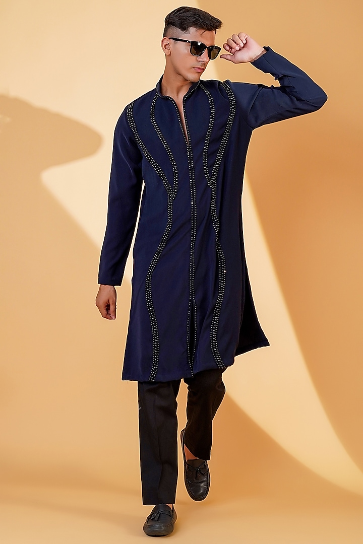 Dark Blue Pure Crepe Lycra Beads Hand Embroidered Straight Kurta Set by Menero