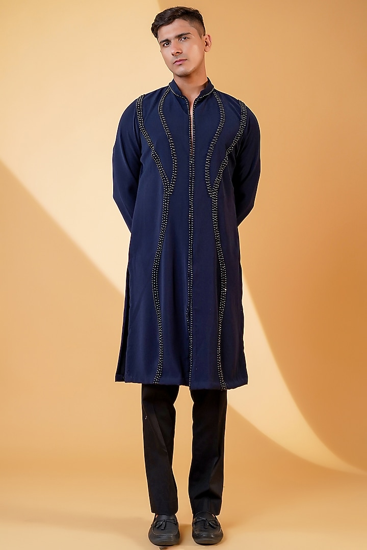 Dark Blue Pure Crepe Lycra Beads Hand Embroidered Straight Kurta Set by Menero at Pernia's Pop Up Shop